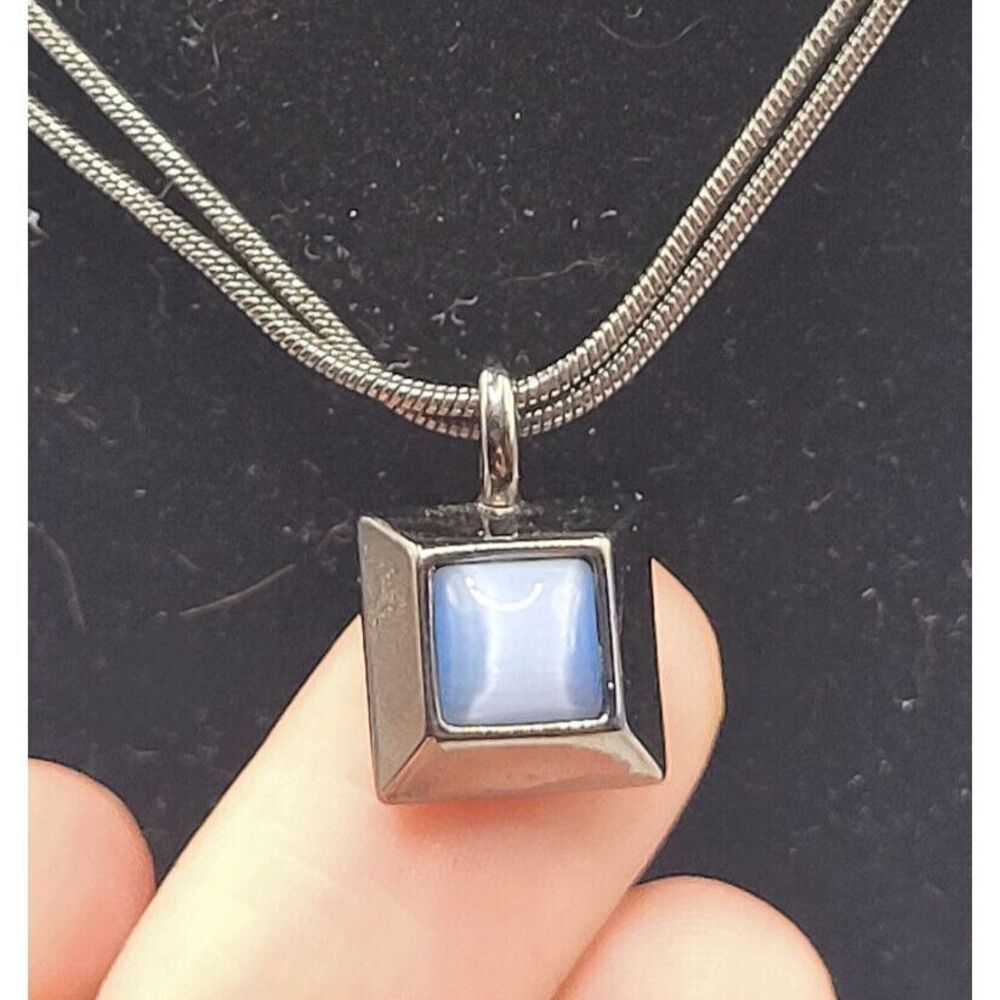 Express Gunmetal Silver Square Tiger's Eye Blue Pendant Necklace 17in